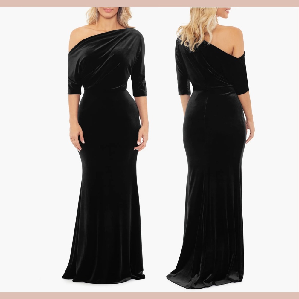 NEW $249 Betsy & Adam [ 14‎ ] Drape One-Shoulder Velvet Gown in Black #Q1294